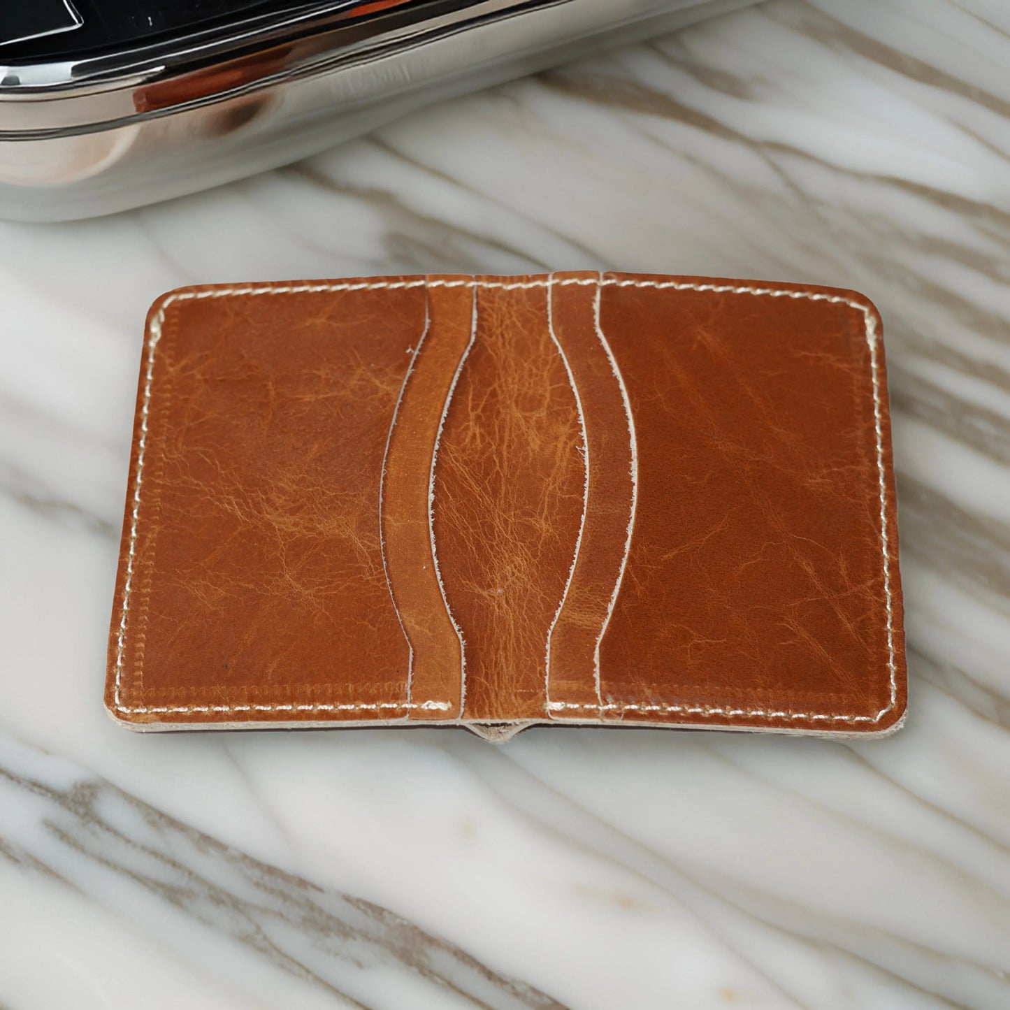 Futuristic Handmade Leather Card Wallet - Tan Brown