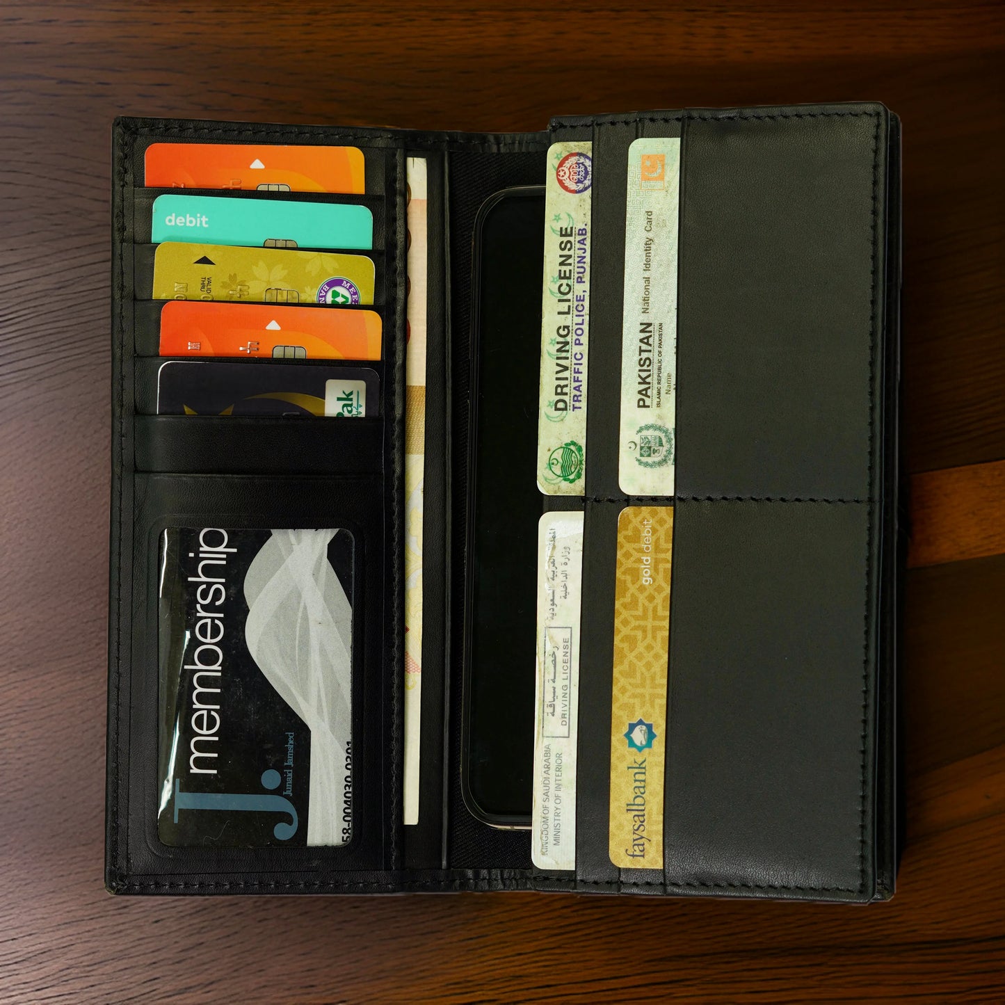 Men's Long Pure Leather Billfold Wallet with Phone Holder – Black Multi Card Holder Purse